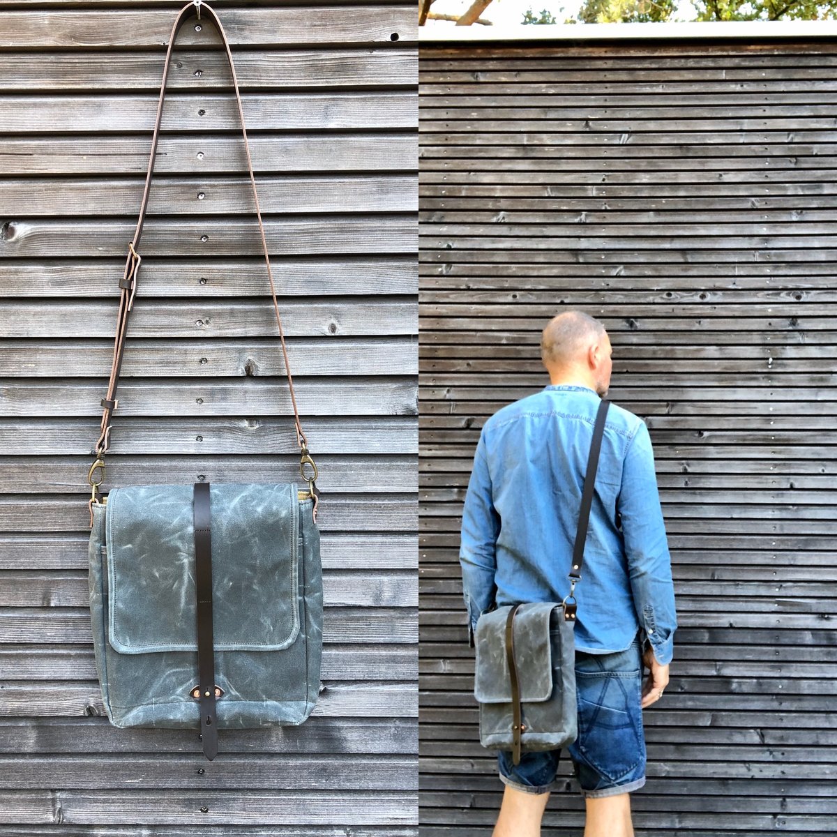 Messenger bag in waxed canvas with leather adjustable shoulder strap