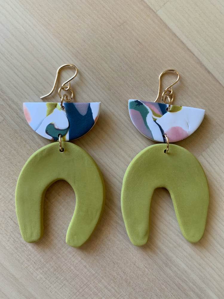 Image of Clay Earrings in Rockweed Small Arches with Happily Mixed Up Large Half Circles