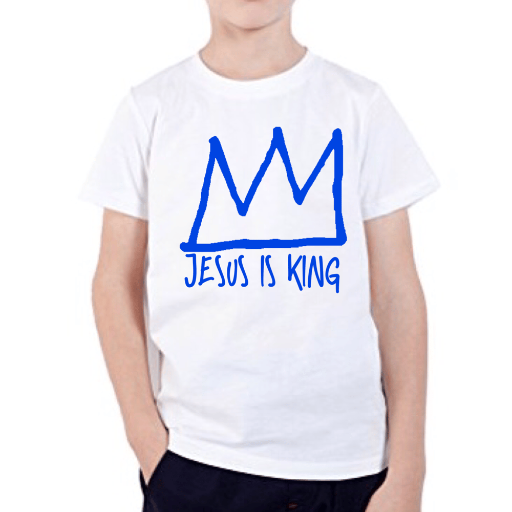 Image of Jesus Is King (White T/Blue Logo) - Kids