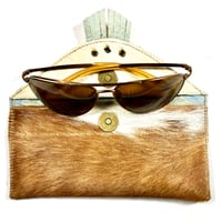 Image 3 of Sunglasses case in tan fur with fringe