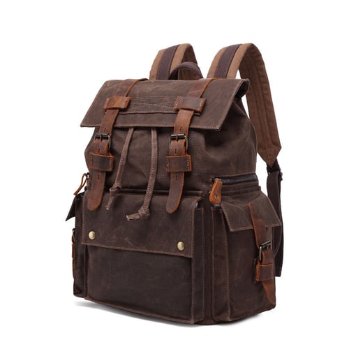 Waxed Canvas Backpack, Men Leather Rucksack, Travel Backpack Waterproof ...
