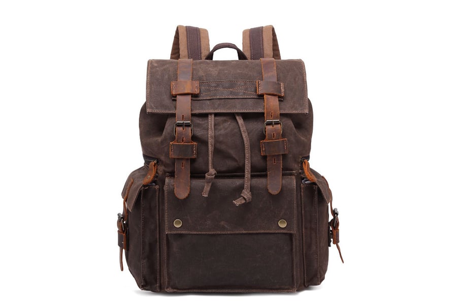 Image of Waxed Canvas Backpack, Men Leather Rucksack, Travel Backpack Waterproof Canvas Leather Backpack YC01