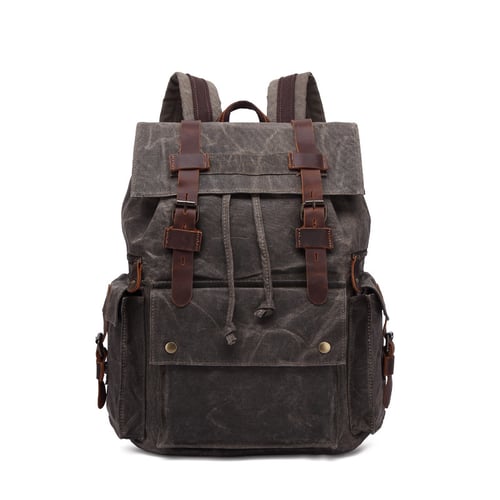 Image of Waxed Canvas Backpack, Men Leather Rucksack, Travel Backpack Waterproof Canvas Leather Backpack YC01
