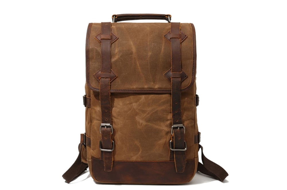 Image of Waxed Canvas Rucksack with Leather Trim, Mens Leather Backpack, Travel Backpack 16990