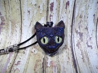 Image 1 of "Creepy Cleo the Cat" Polymer clay art necklace, Royal Blue,Black