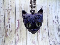 Image 2 of "Creepy Cleo the Cat" Polymer clay art necklace, Royal Blue,Black