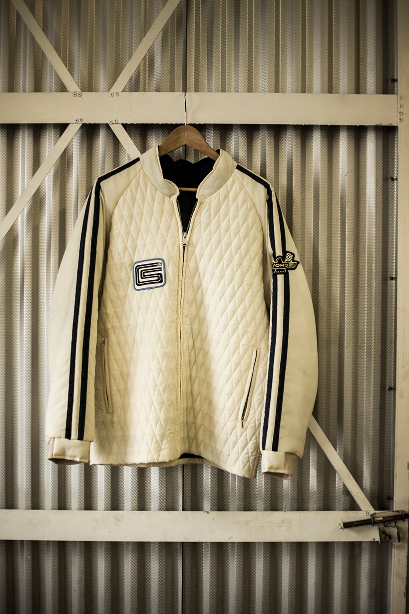 Ford v. Ferrari Carroll Shelby Crew Jacket White with Blue Stripes Racing Division Los Angeles