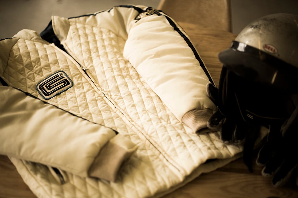 Image of Ford v. Ferrari Carroll Shelby Crew Jacket - White with Blue Stripes