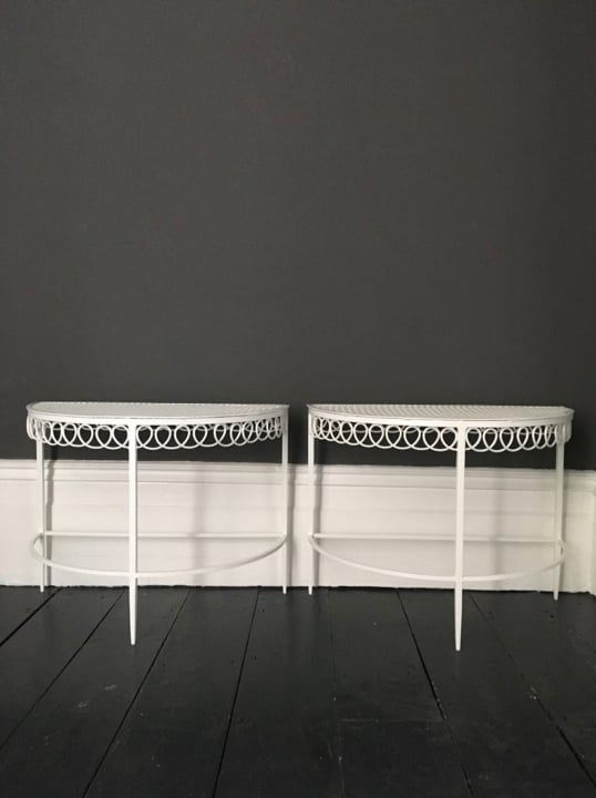 Image of Pair of White Demilune Pierced Metal Tables by Matégot