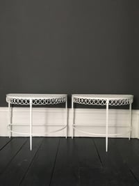 Image 1 of Pair of White Demilune Pierced Metal Tables by Matégot