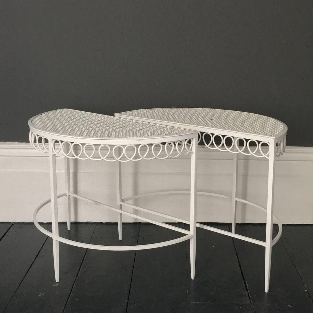 Image of Pair of White Demilune Pierced Metal Tables by Matégot