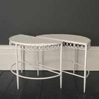 Image 2 of Pair of White Demilune Pierced Metal Tables by Matégot