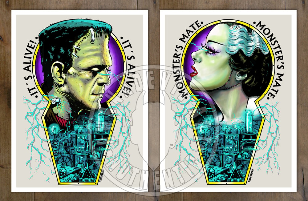 Image of Frankenstein Monster and Bride of Frankenstein set of 2 prints 