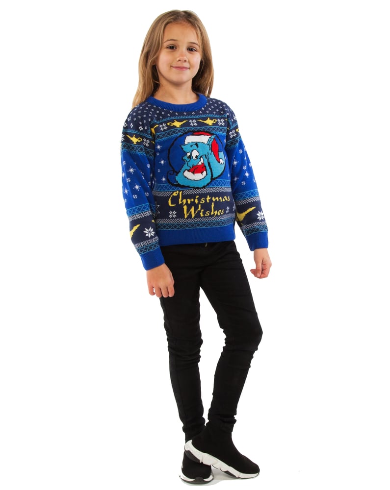 Image of Official Aladdin Genie Christmas Wishes Children's Blue Knitted Christmas Jumper