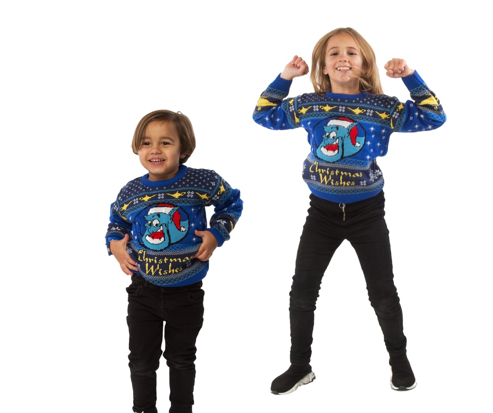 Image of Official Aladdin Genie Christmas Wishes Children's Blue Knitted Christmas Jumper