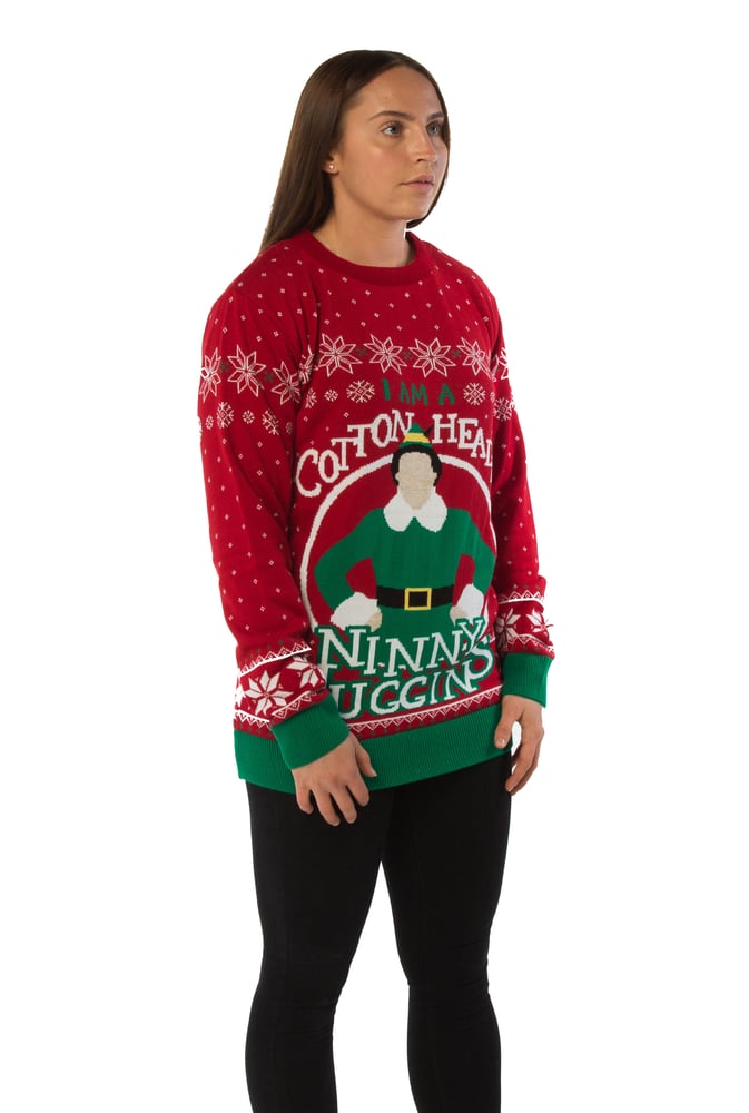 Image of Official Elf I am a Cotton Headed Ninny Muggins Red Knitted Christmas Jumper
