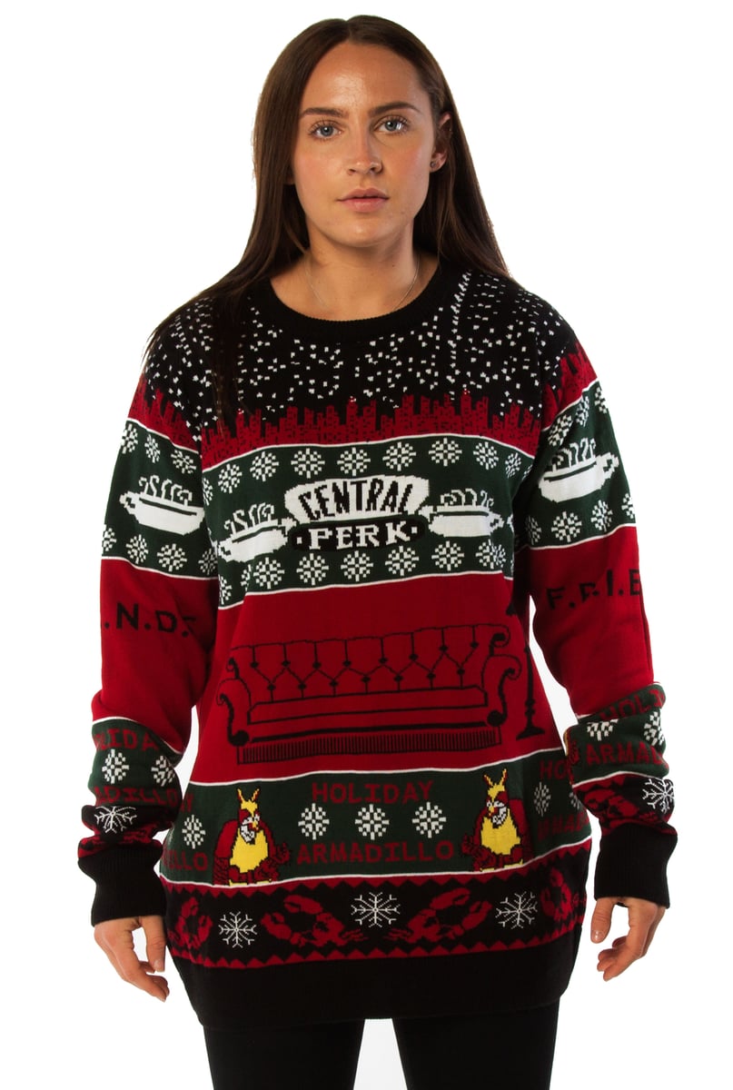 Friends Central Perk Red Green Knitted Christmas Jumper The Xmas Jumper Company By The London Knitwear Company