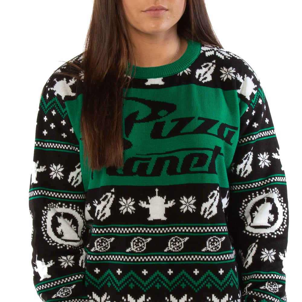 Image of Official Toy Story Pizza Planet Green Knitted Christmas Jumper