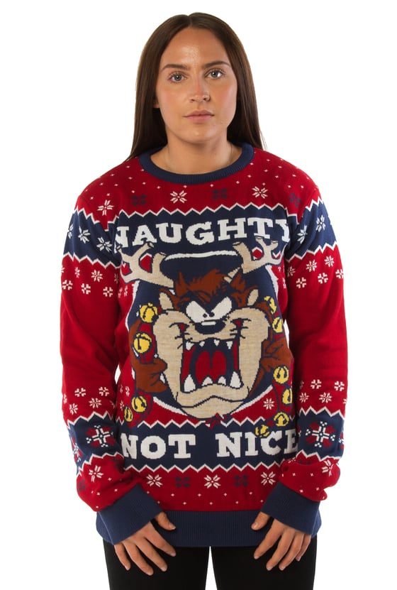 Image of Official Taz Mania Naughty Not Nice Red Knitted Christmas Jumper