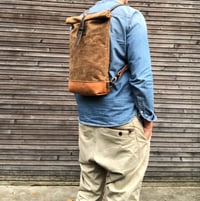 Image 2 of Small waxed canvas backpack / Hipster Backpack with rolled top and leather shoulder straps