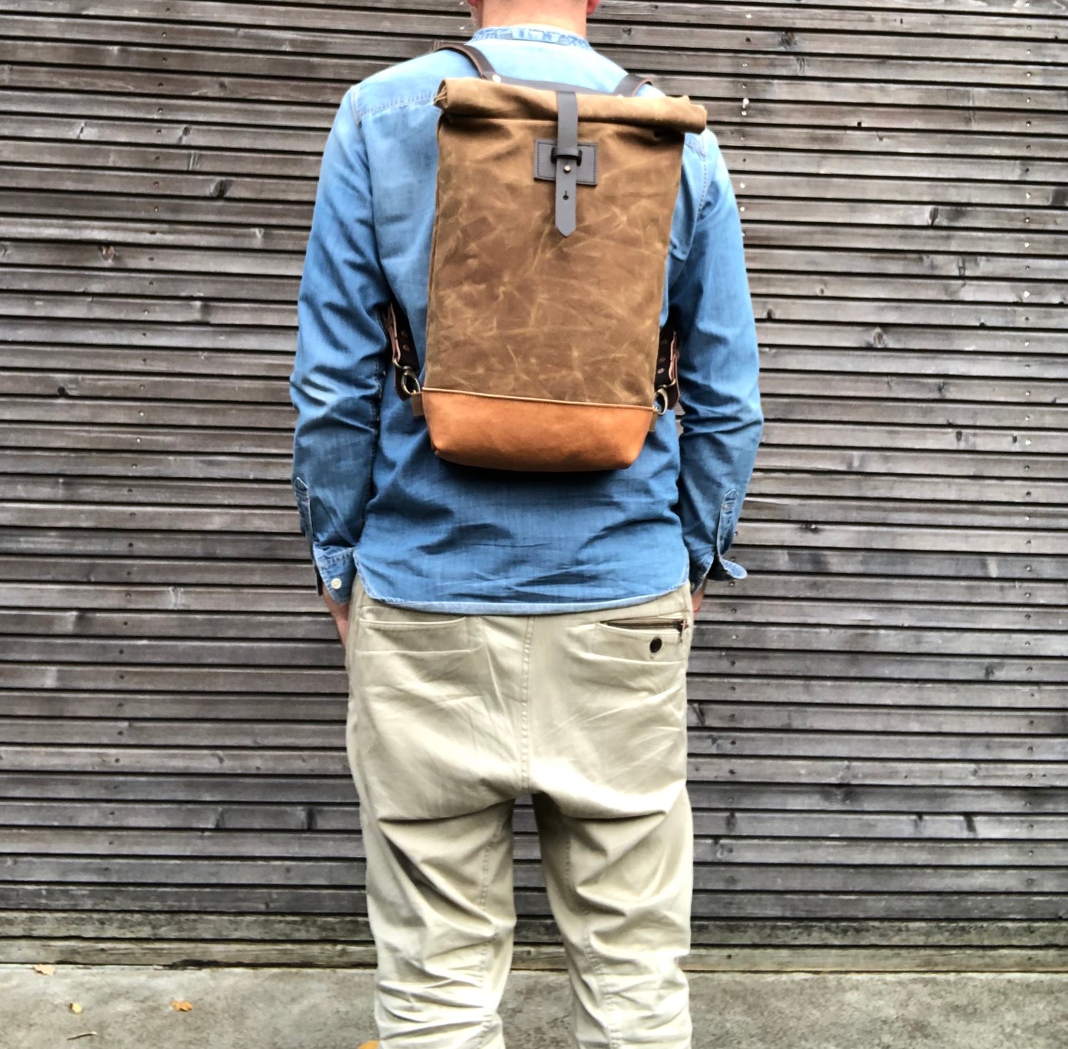 Image of Small waxed canvas backpack / Hipster Backpack with rolled top and leather shoulder straps
