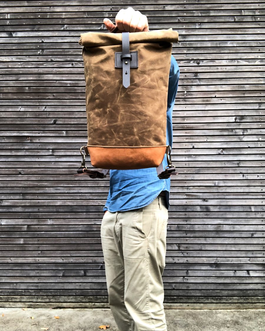 Image of Small waxed canvas backpack / Hipster Backpack with rolled top and leather shoulder straps