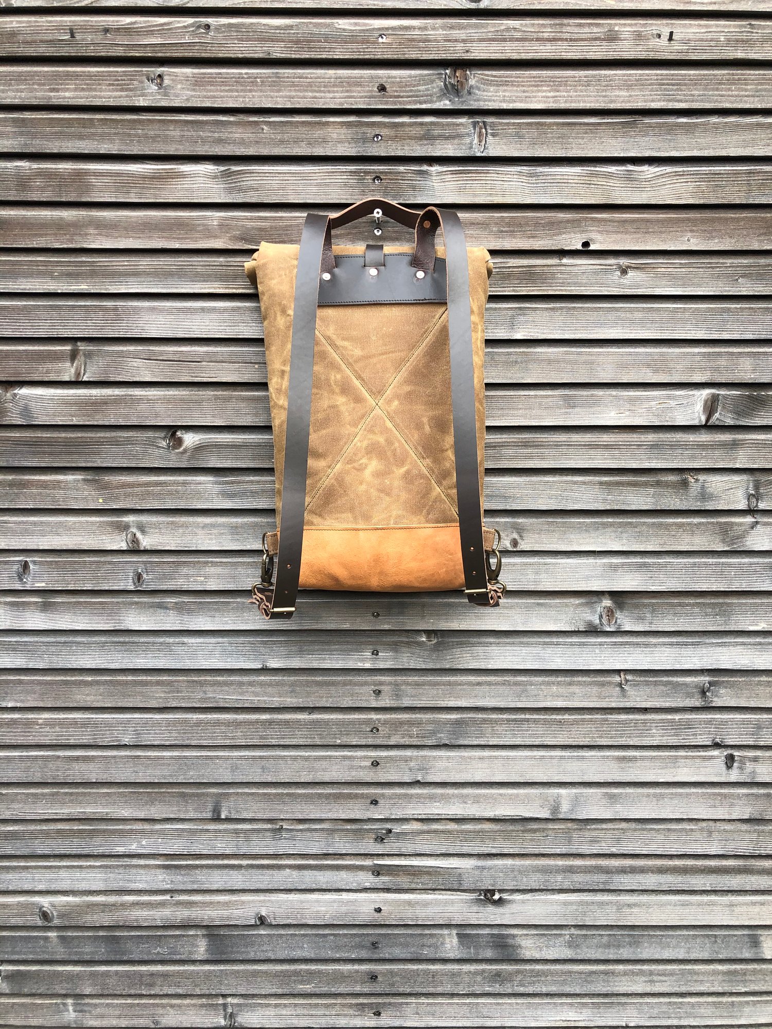 Image of Small waxed canvas backpack / Hipster Backpack with rolled top and leather shoulder straps