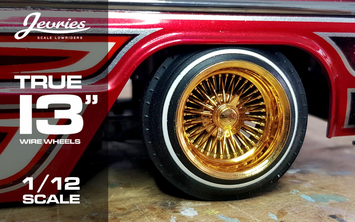 Jevries — GOLD 1/12 scale TRUE 13" Lowrider Wheels & 520 white wall Tires.