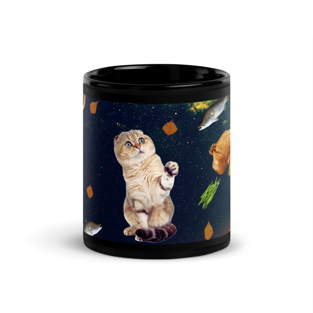 Image of Thanksgiving Fantasy - Cat in Space - Black Glossy Mug - 2 size options 