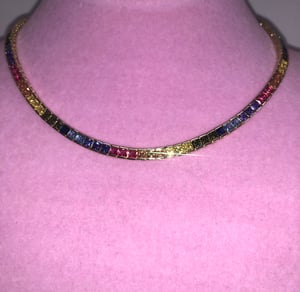Image of Ladies Thin Bling Tennis Chain (Gold with Multicolor Stones)