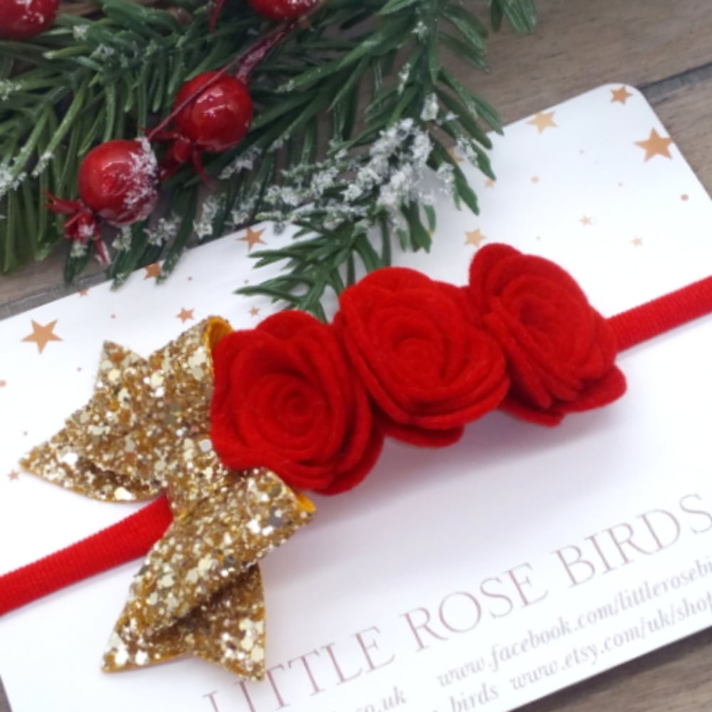 Red Rose and Gold Glitter Bow Headband 