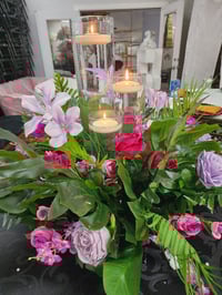 Image 4 of 60 cm Green lavender flower Ring and a touch of pink with cylinder glass vase $50 for the set 