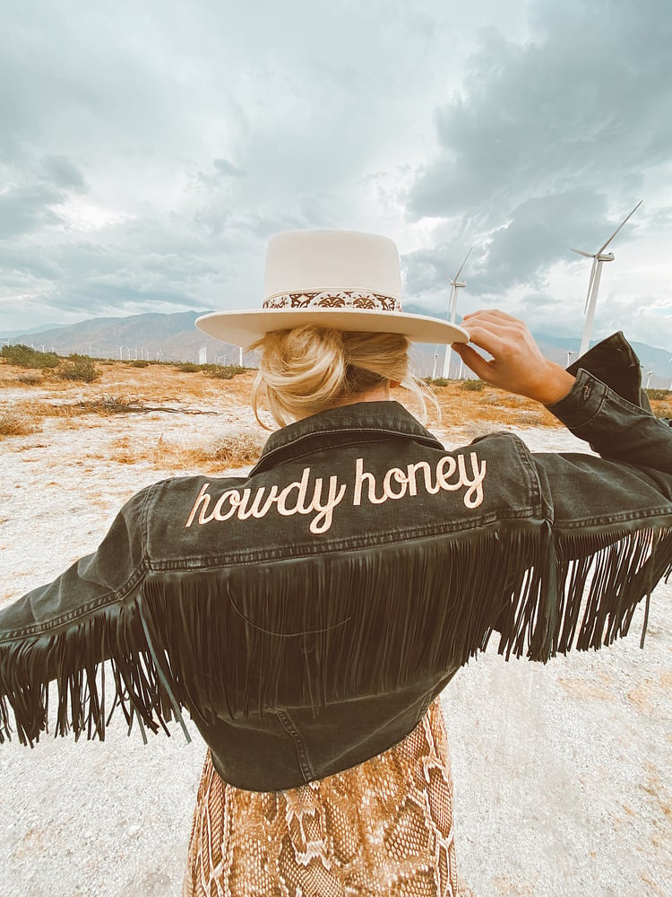 Image of Howdy Honey Fringe Denim Jacket - Black Wash 