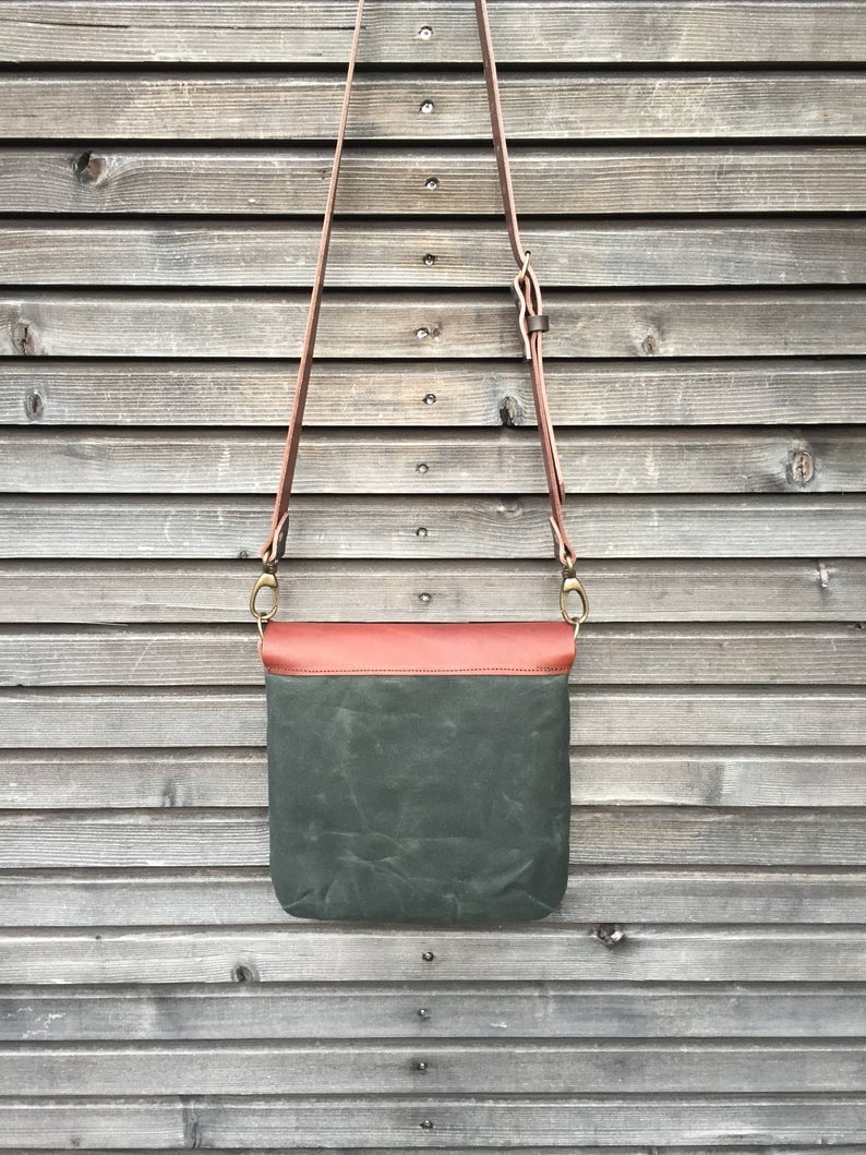 Image of Satchel in waxed canvas day bag small messenger bag Musette COLLECTION UNISEX