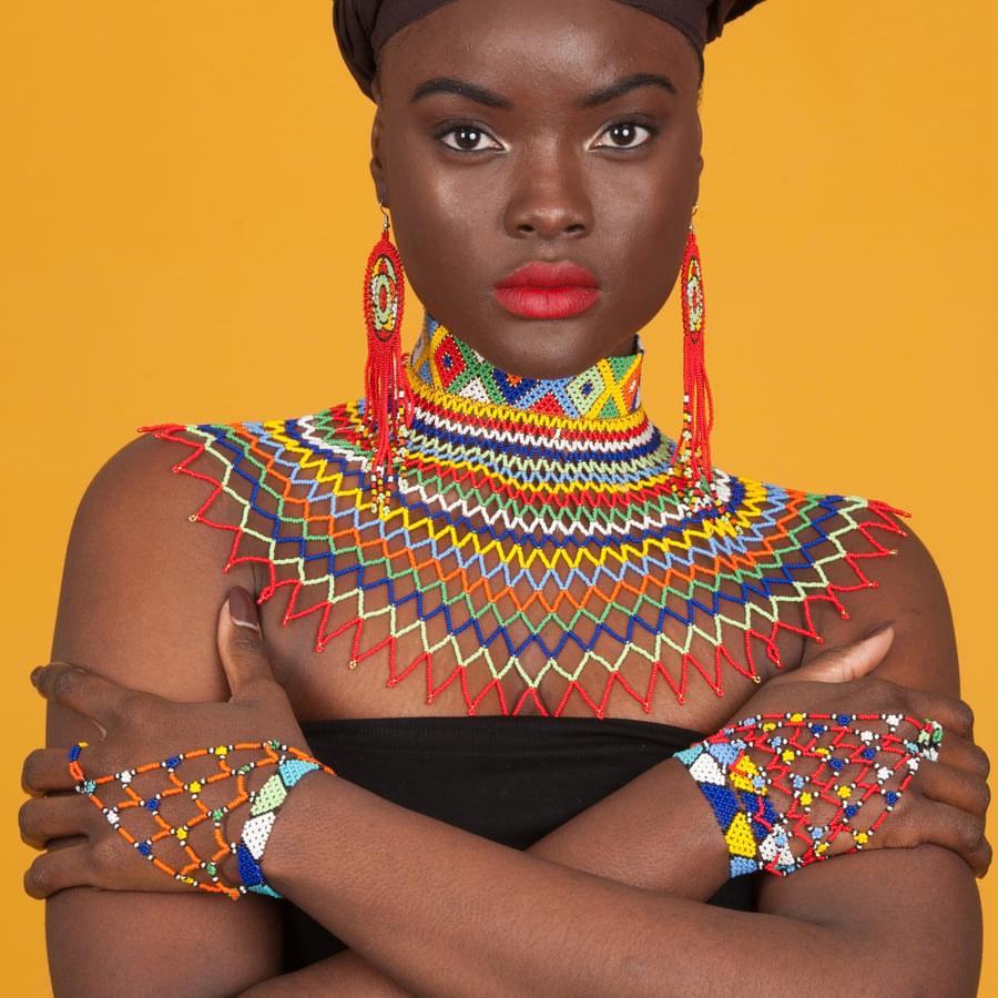 Image of Traditional Multicolored Lace Choker w Zulu Circle Earrings