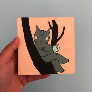Image of Cat in Tree Reading Painting 