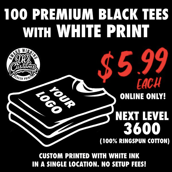 Image of 100 PREMIUM BLACK TEES WITH WHITE PRINT