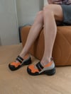Round Toe Neoprene Platforms with Watchband in Black/Orange “Watchband” 