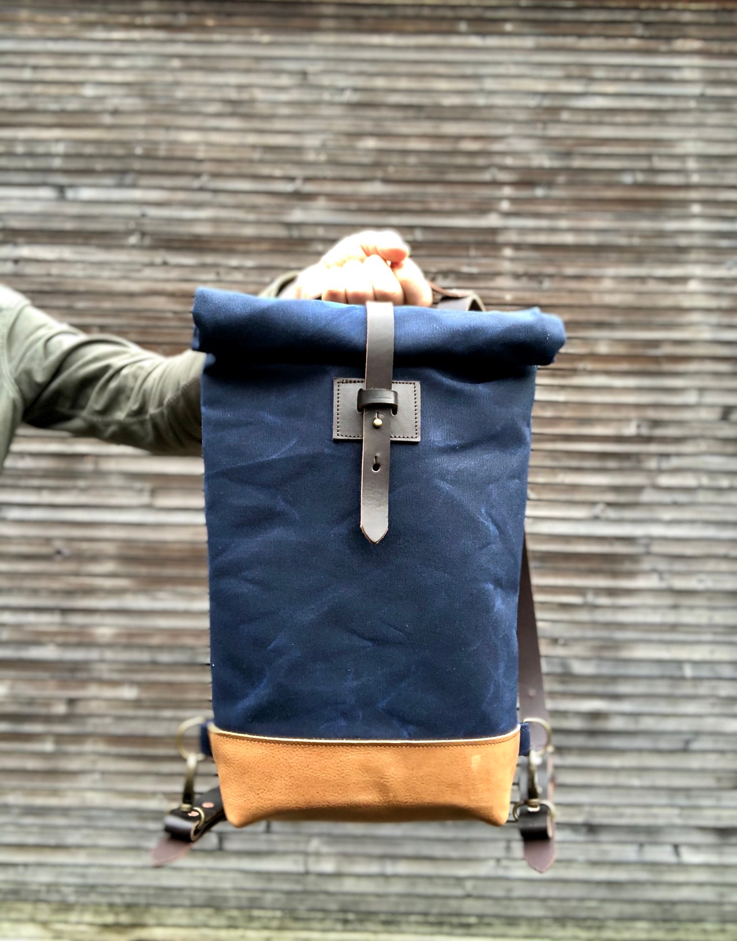 Small waxed canvas backpack in navy blue with rolled top and leather ...