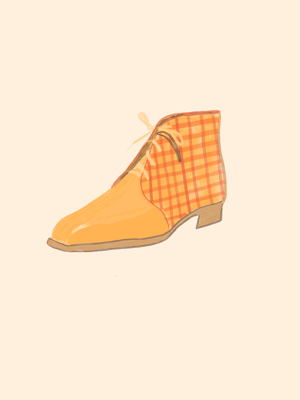 Gingham boot illustrated postcard.