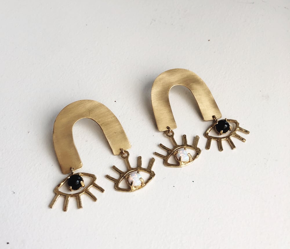 Image of Blinker Mobile Earrings in Opal and  Onyx