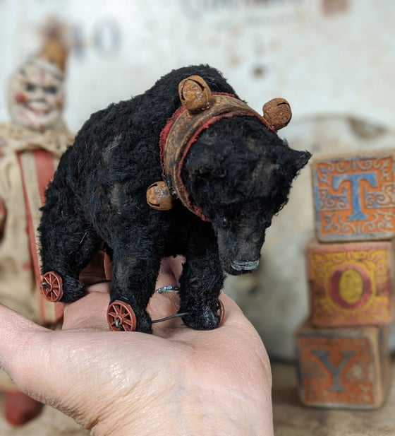Image of 4" tall old worn black bear pull toy by whendis bears