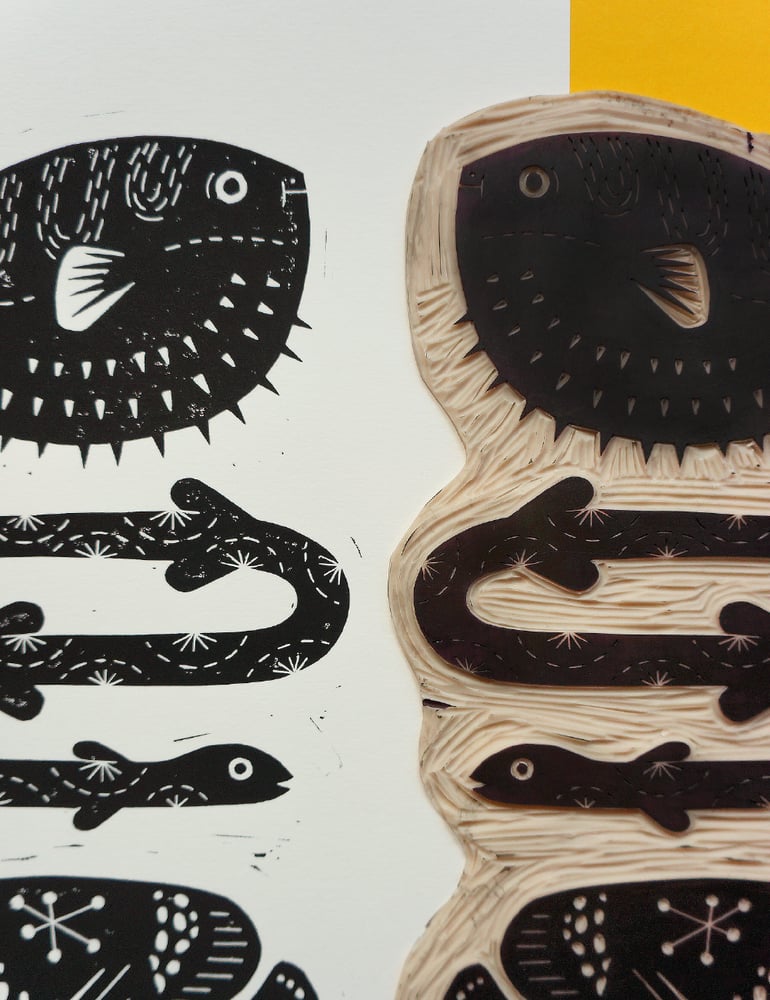 Image of Hello Fishies (lino print - 25x35cm)