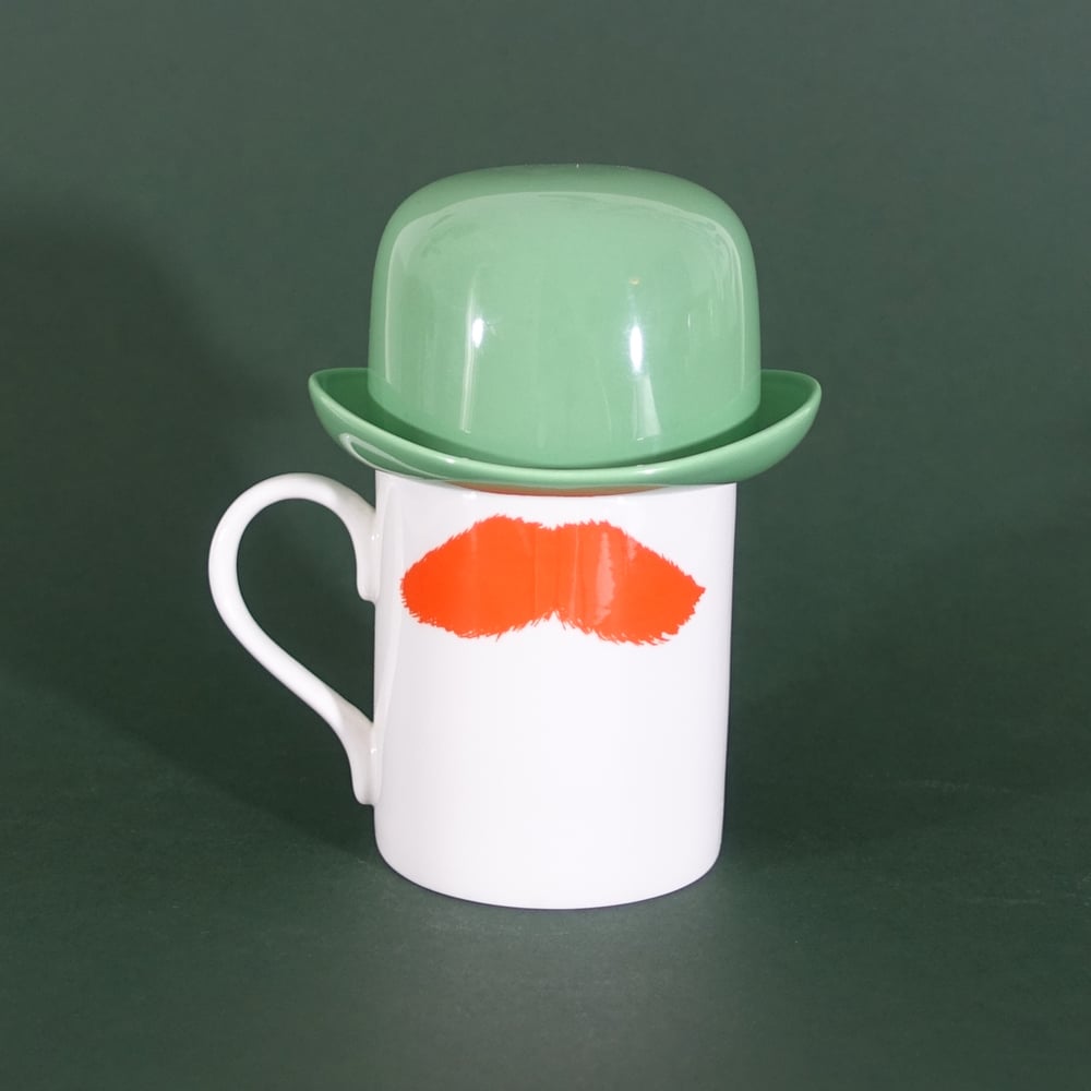 Image of Ginger Mustafa Moustache Mug & Green Thomson & Thompson Bowler Hat Sugar Bowl Set