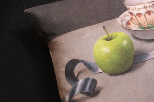 Image of Linen Apples and Ribbon - Square Cushion