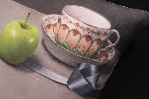 Image of Linen Apples and Ribbon - Square Cushion