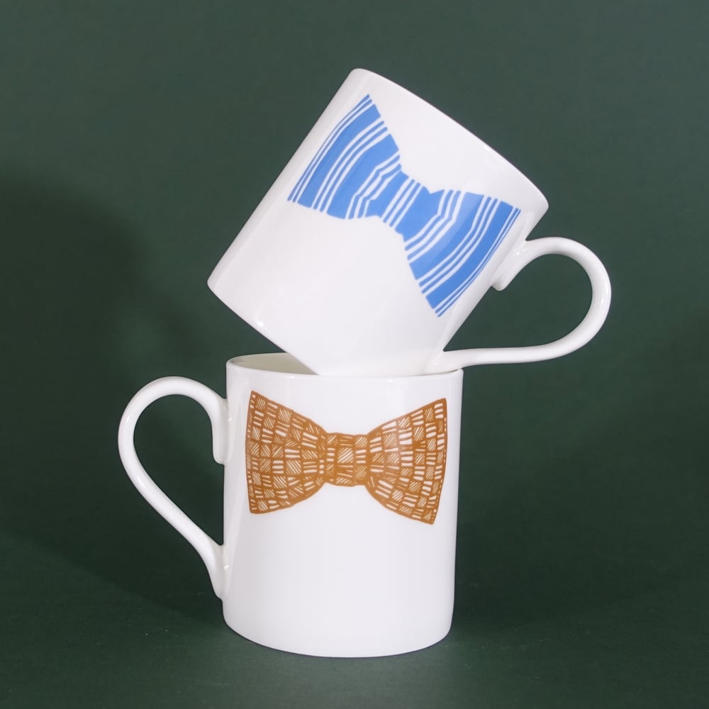 Image of Original Bow tie Mug - Set Of Two (Blue & Mustard Double Print)