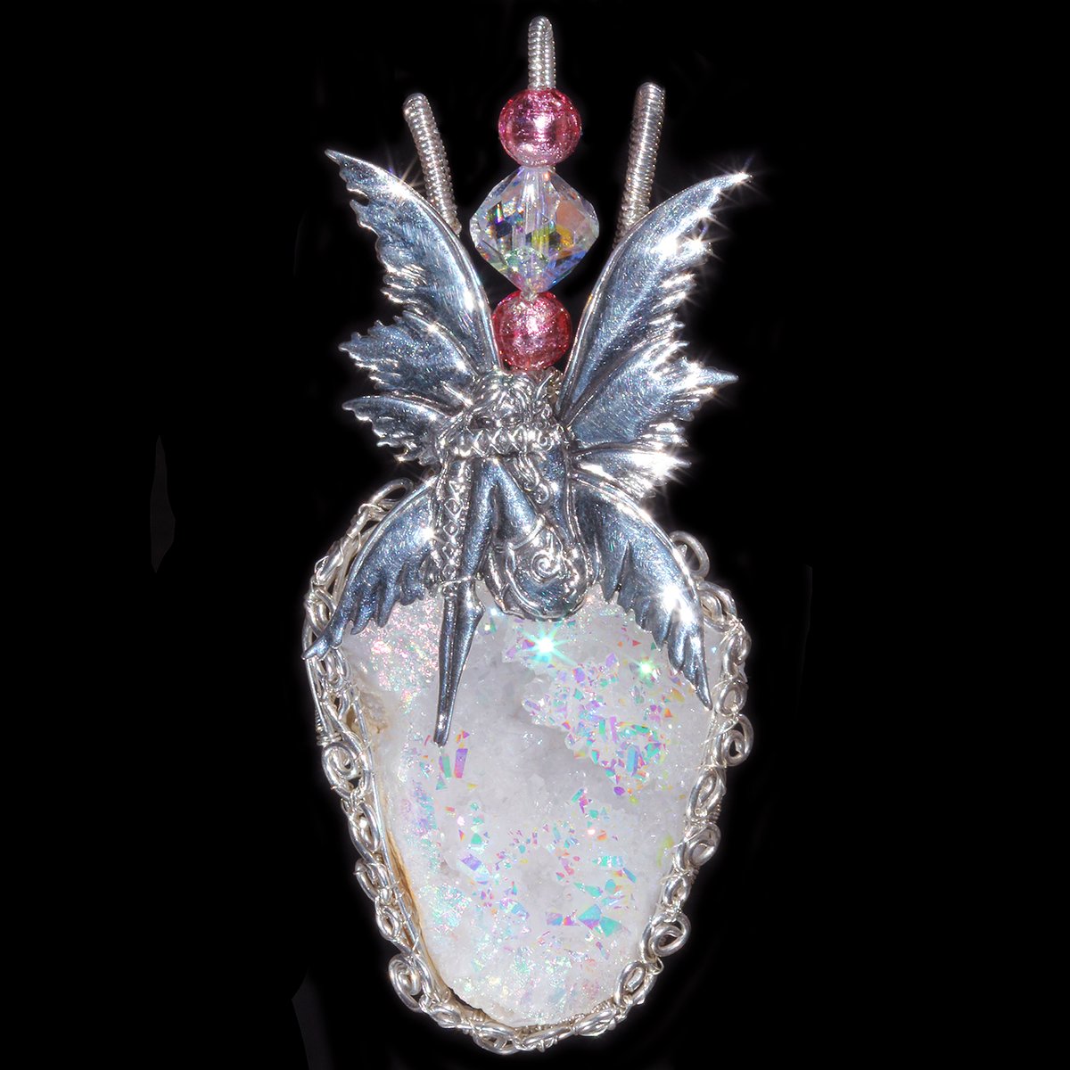 Bashful Fairy Aura Geode Sterling Filigree Pendant 