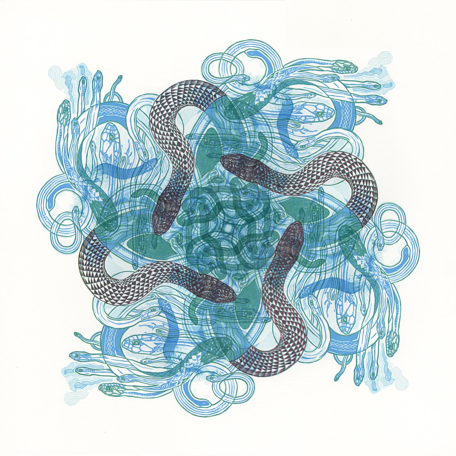 "Sky Snakes D" Linoleum Relief Print