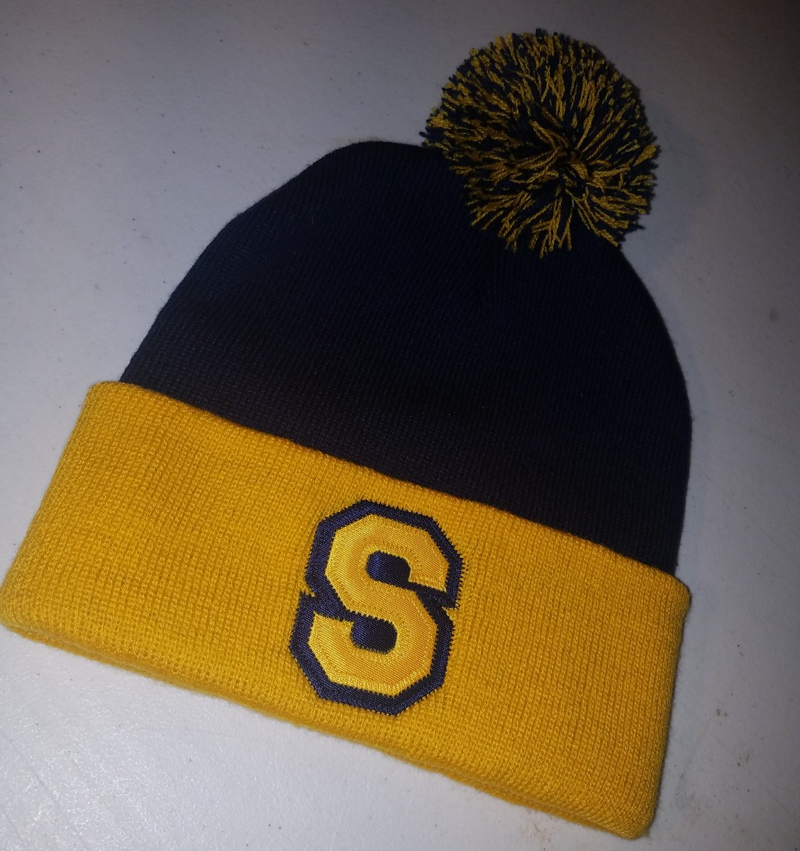 Cuffed Navy and Gold 'S' beanie | PresherInk